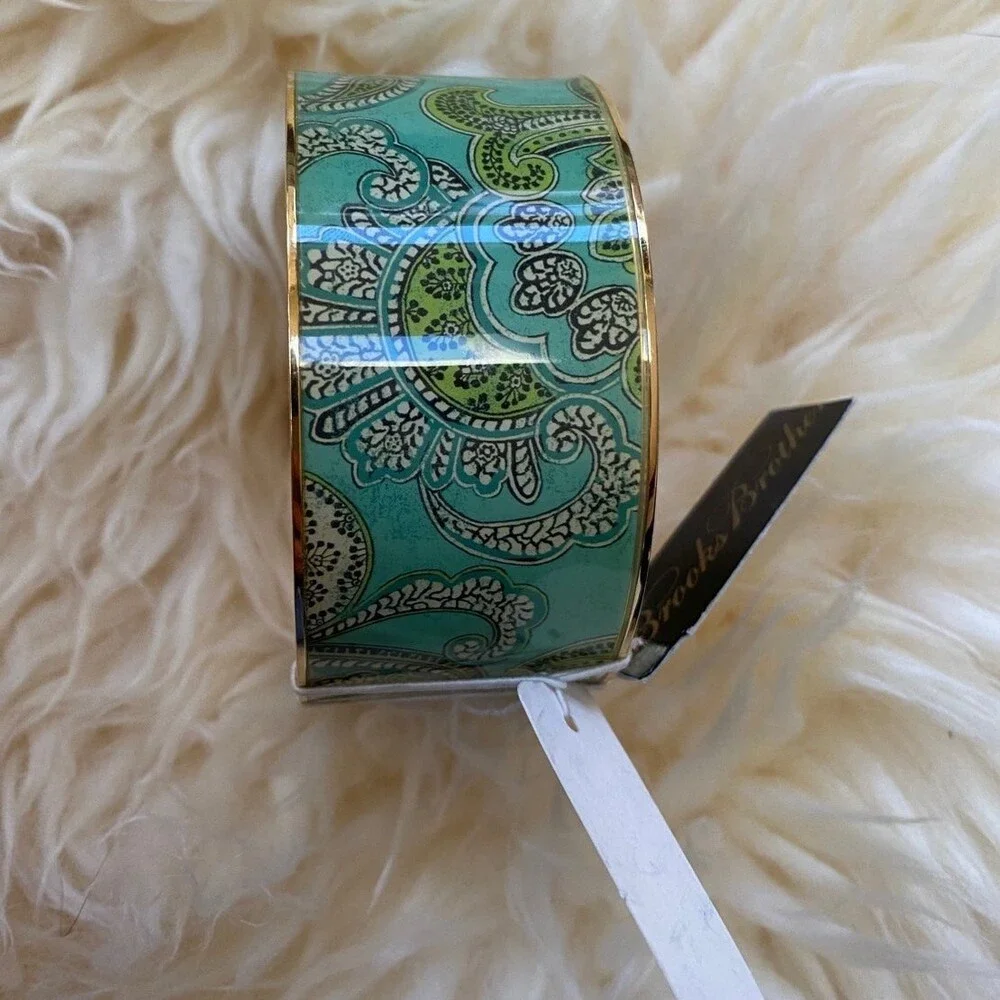 Vintage Brooks Brothers Paisley Brass Cuff Bracelet Blue Green Boho NWT Gift